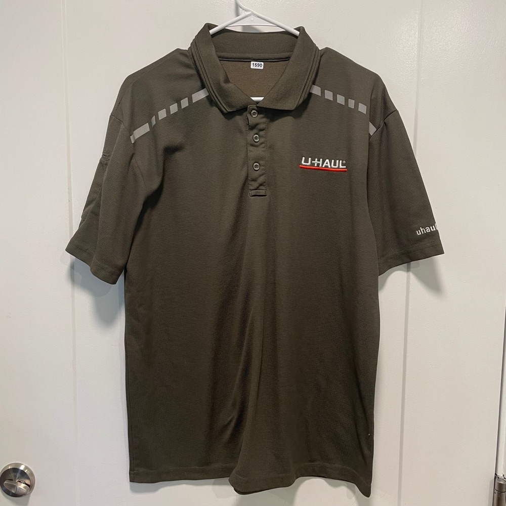 U-Haul Employee Uniform Polo Shirt Mens Large Olive Green Reflective Workwear